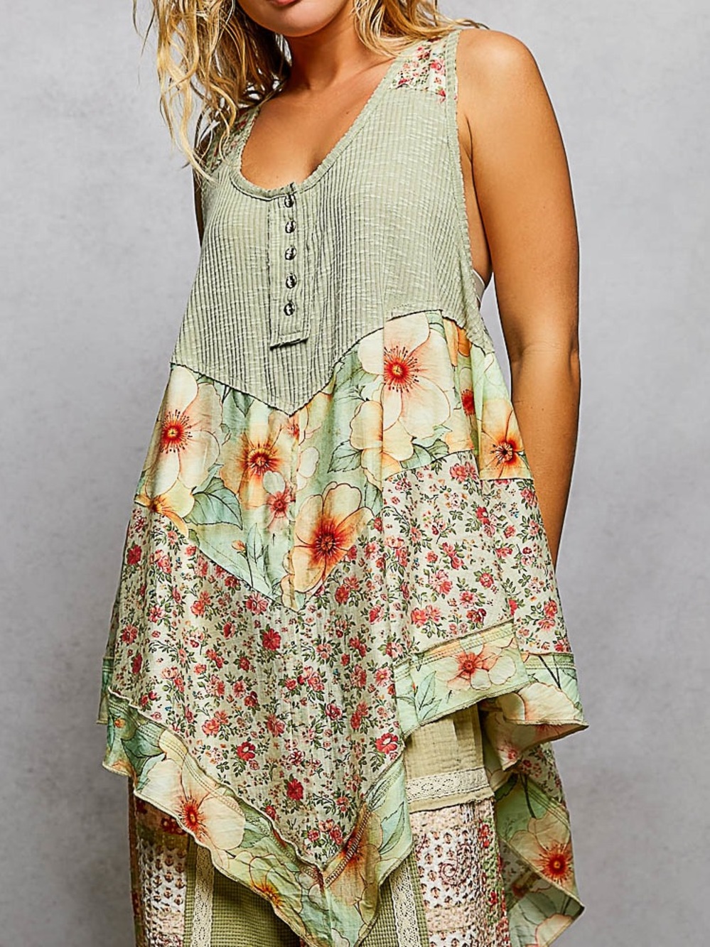 NWT POL Bohemian Pale Olive Floral Racerback Loose Tank Top S M L